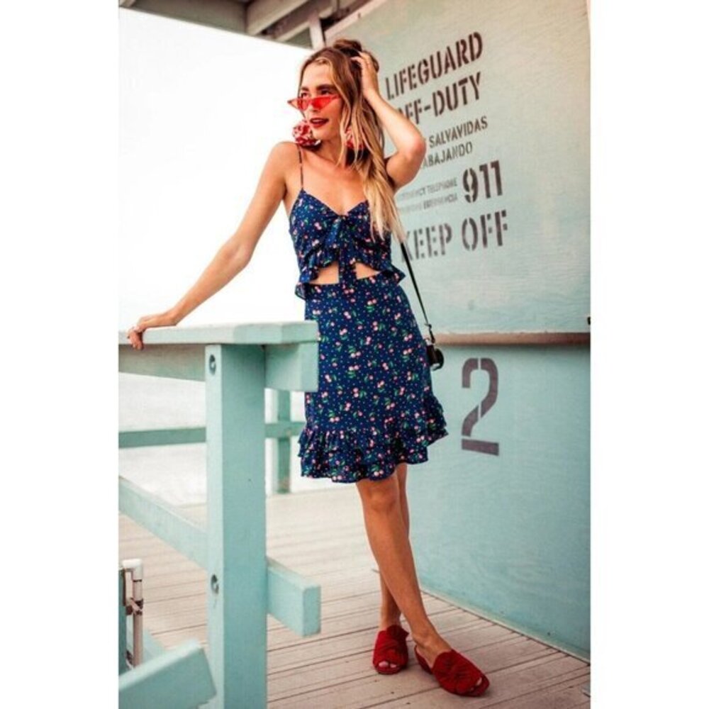 LUCCA COUTURE Dress Vanessa Cherry Print Dress Navy Ruffle Front Tie SZ L NWT